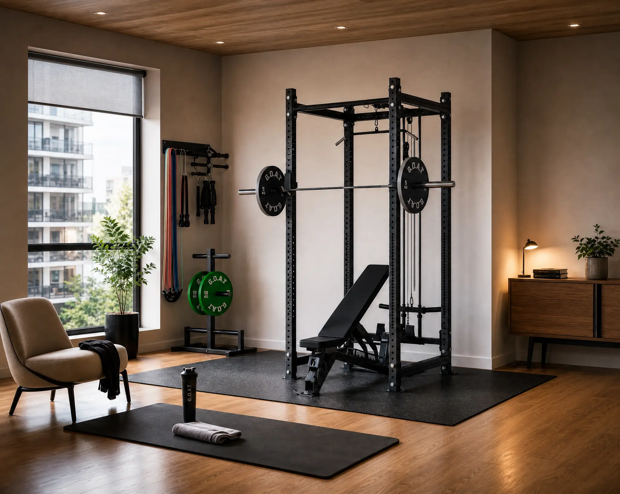G.O.A.T six-station squat-and-pull-up rig, heat-cured matte black coating.