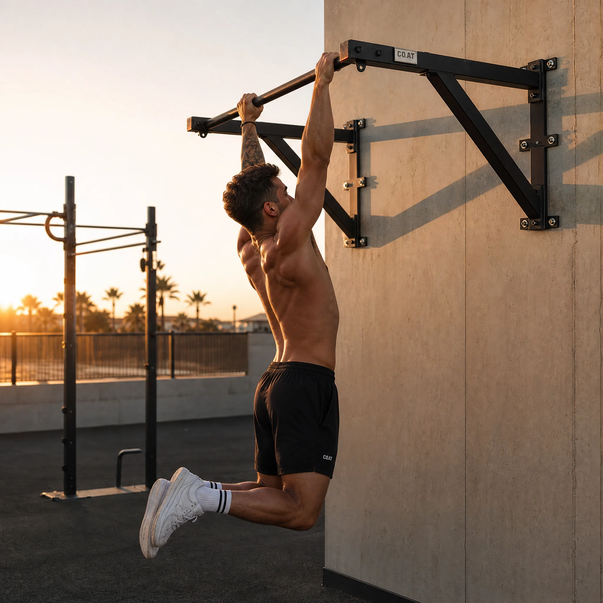 An athlete mid-pull on a G.O.A.T 33.7mm pull-up bar in a dim training hall.
